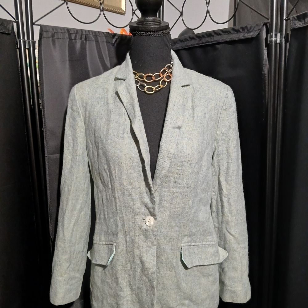 Lands' End Wool Linen Blend Women's Aqua Lime Green Blazer Women's Size 8 Office